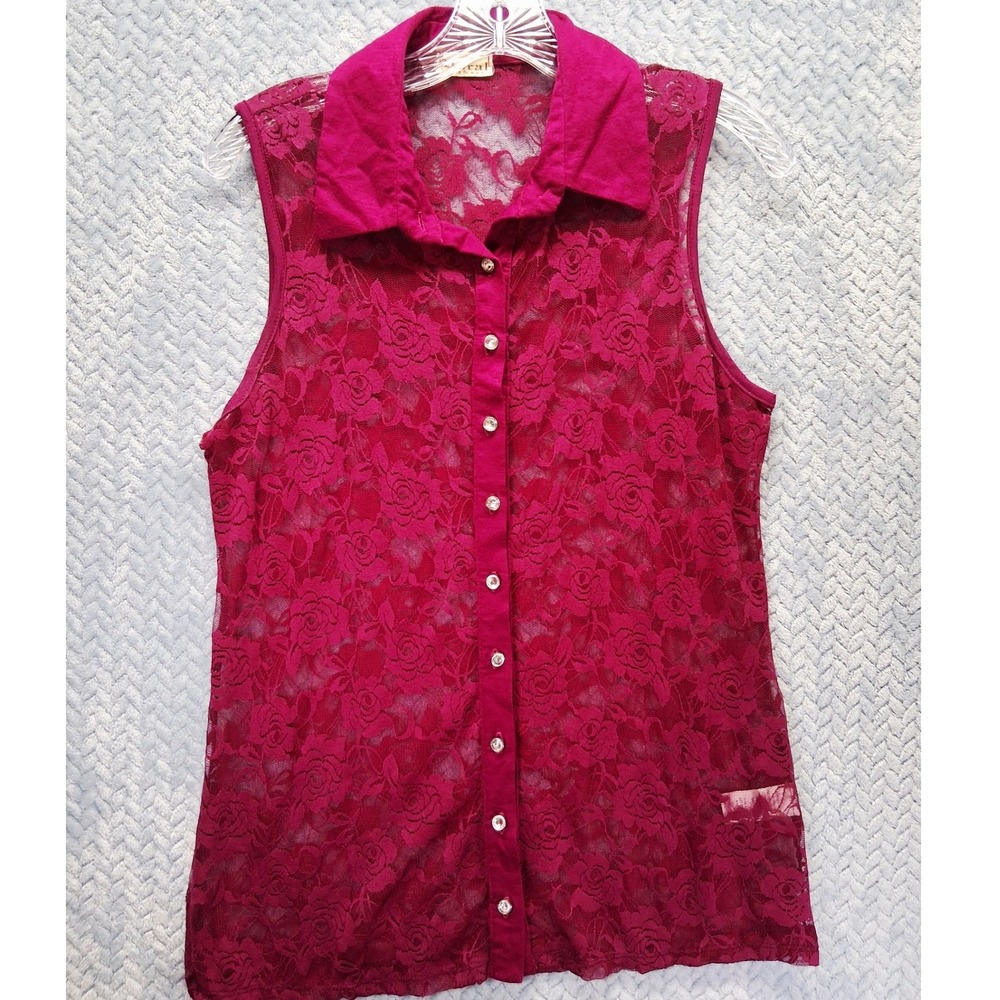Vocal Womens Magenta Sheer Floral Lace Sleeveless‎ Button Down Top Rhinestone M